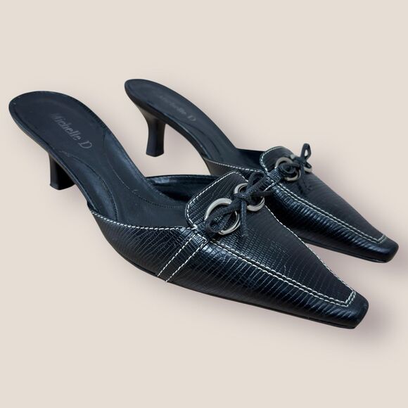 Y2K Leather Kitten Heels Size 8 Square Toe Loafers Bow Snake Career Office Event - Picture 1 of 7